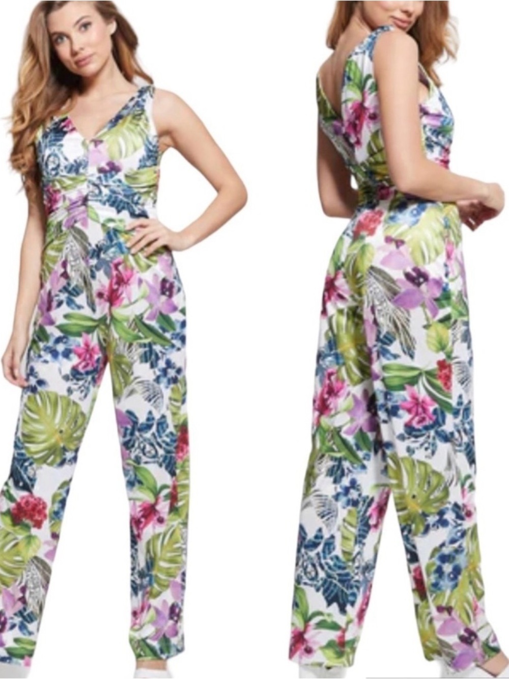 Guess White Tropical Floral V-Neck Wide-Leg Jumpsuit with Green & Pink Print